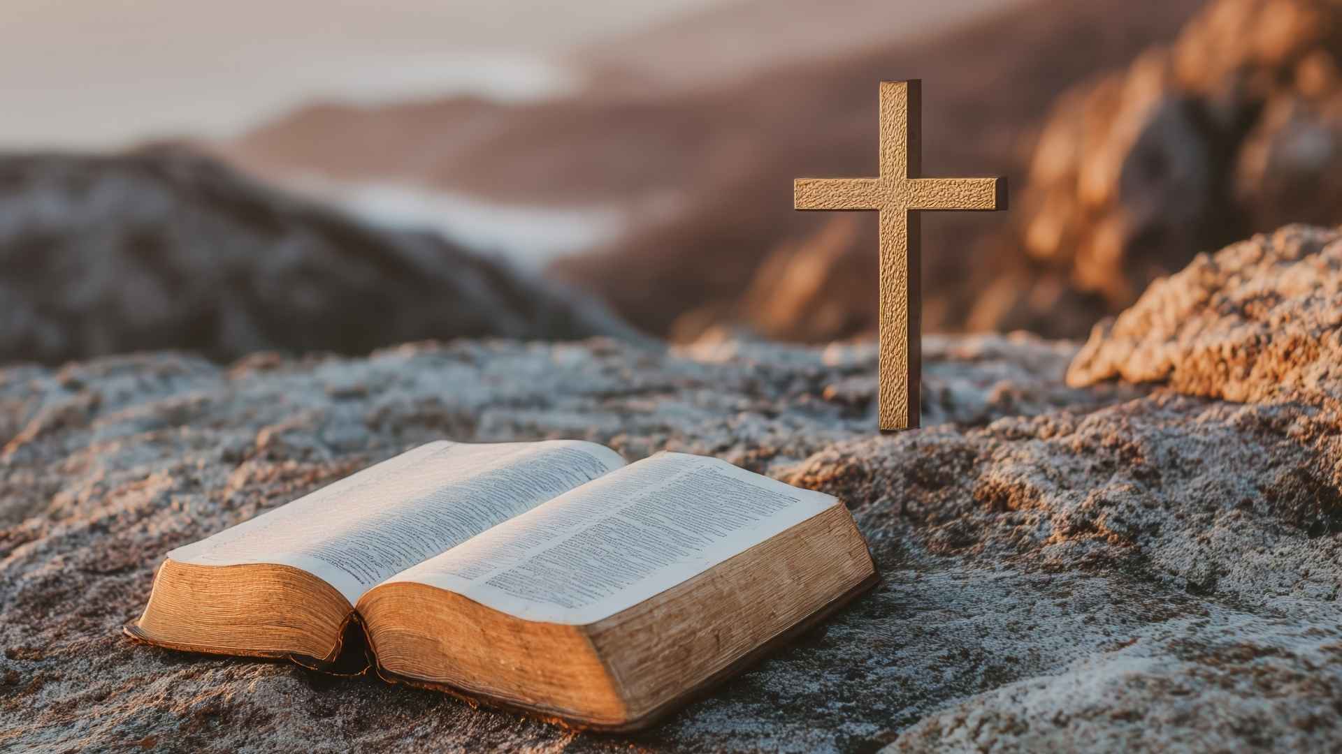 cross and bible sitting cliffside over looking a rock valley